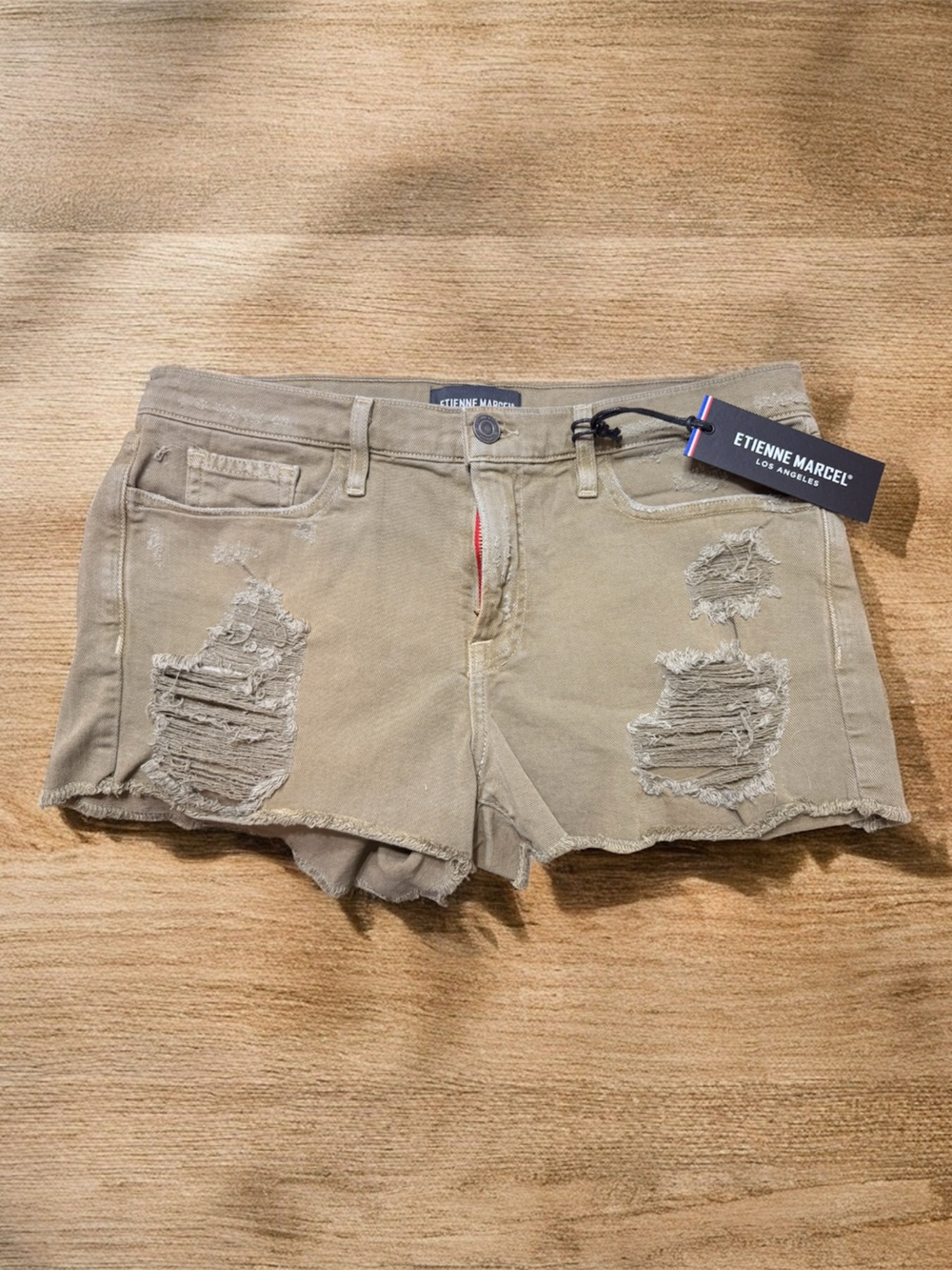 Etienne Aigner Tan Distressed Denim Cutoff Shorts